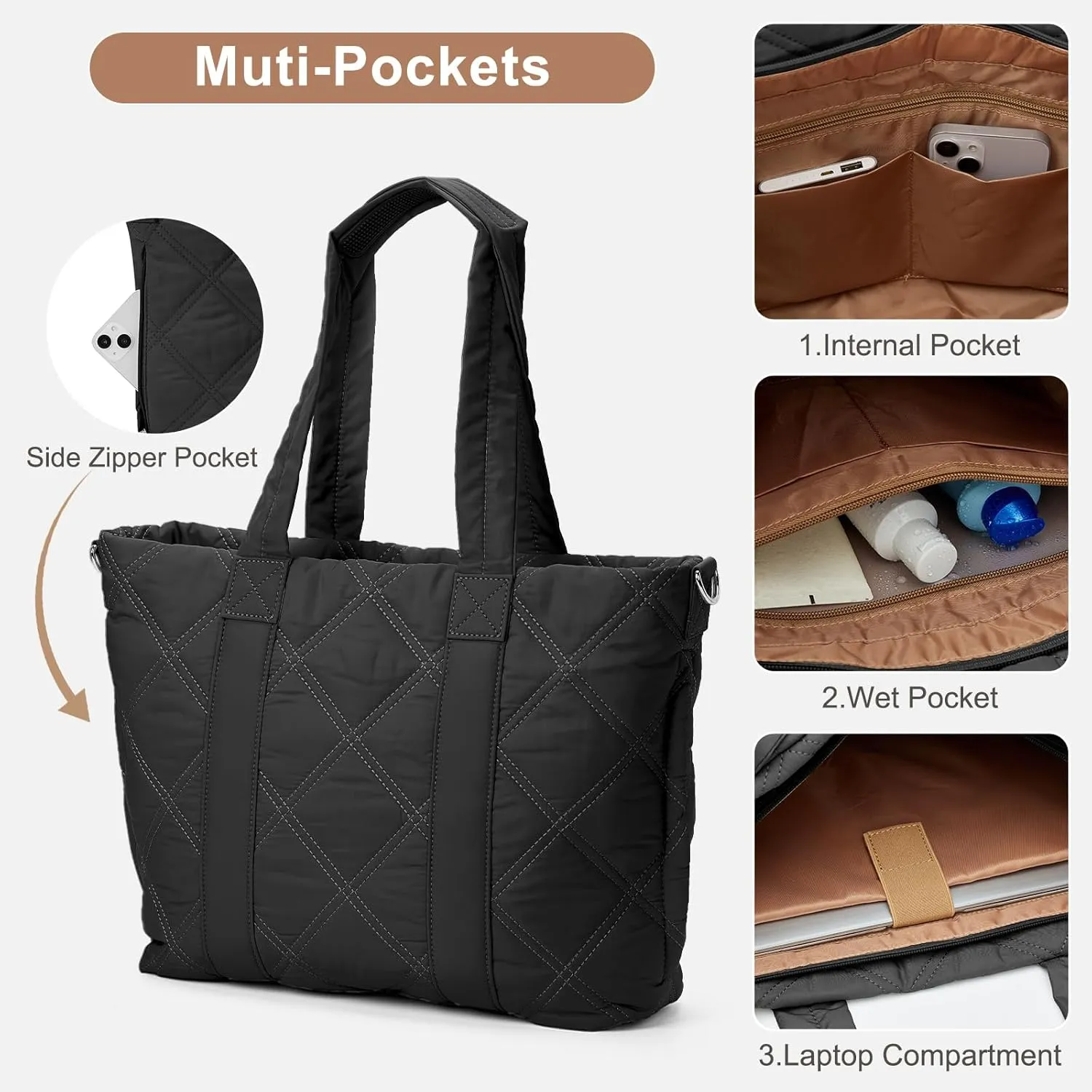 Laptop Tote Bag for Women, Quilted Work Tote Bag 15.6 Inch Laptop Compartment Shoulder Bag, Top Handle Handbag