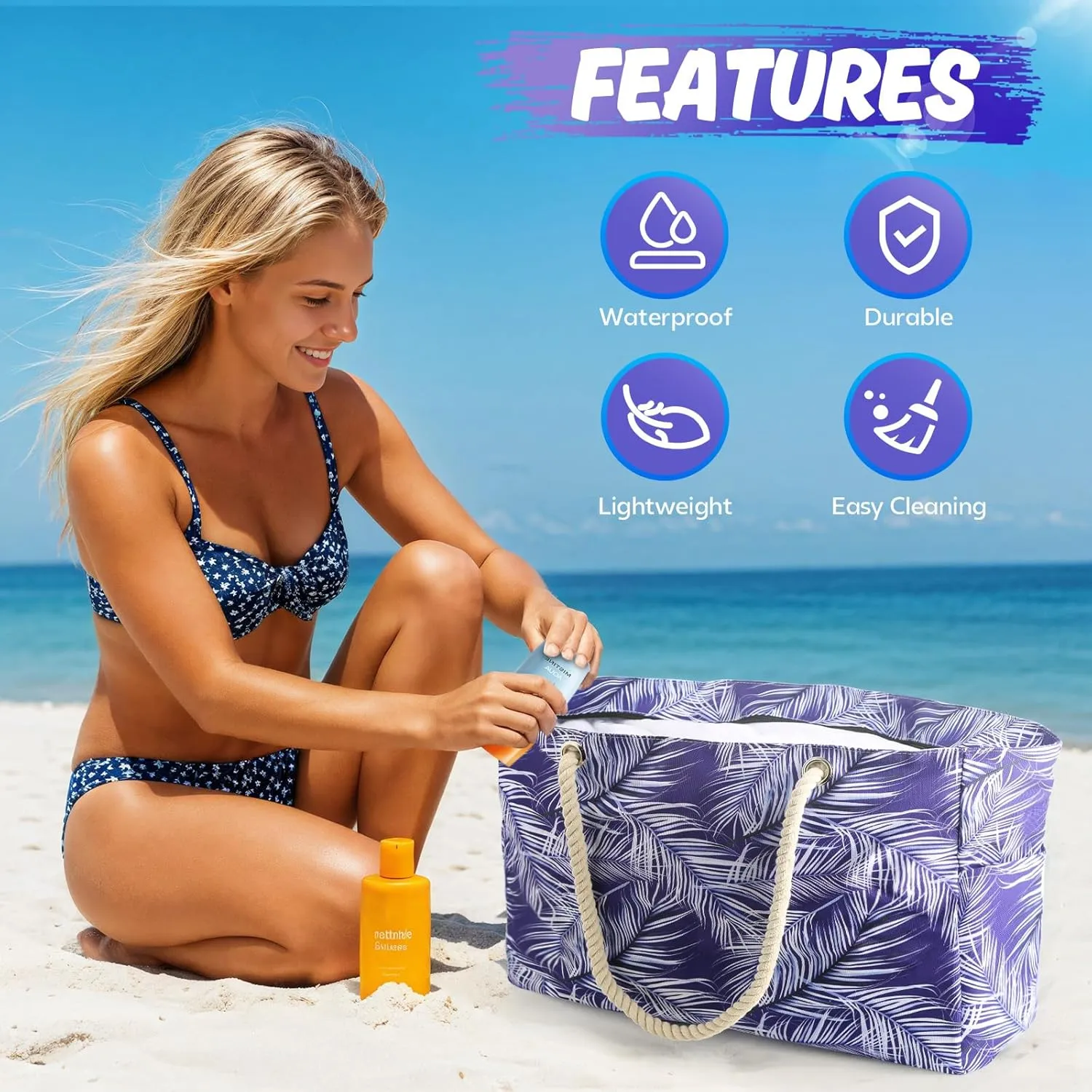 Large Beach Bag for Women & Men, Beach Bags Waterproof Sandproof, Travel Tote Bag, Swim Pool Bag for Family Outdoor