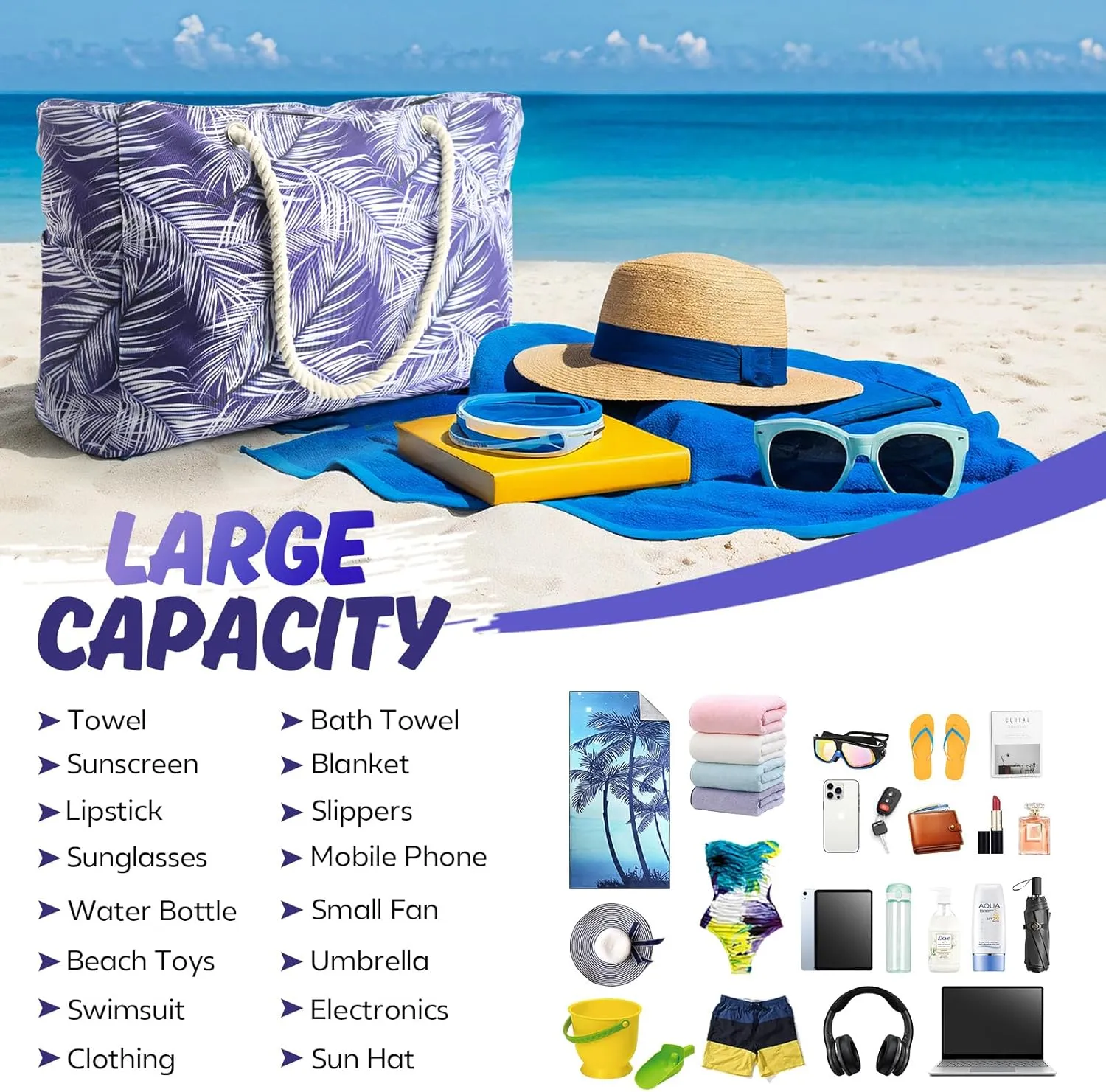 Large Beach Bag for Women & Men, Beach Bags Waterproof Sandproof, Travel Tote Bag, Swim Pool Bag for Family Outdoor