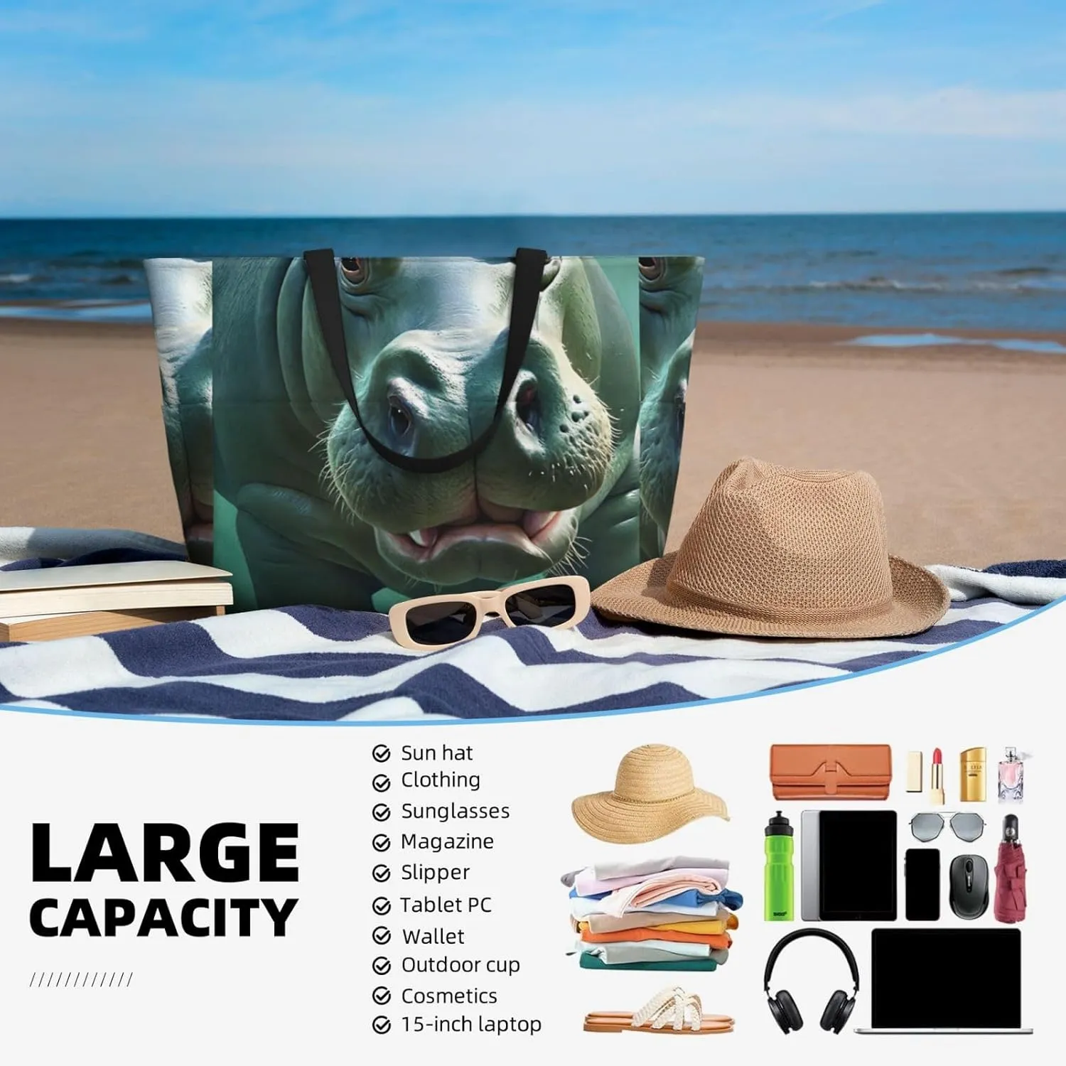 Large Beach Bag Waterproof Beach Totes Bags for Women Men, Pool Bag with Zipper Pocket