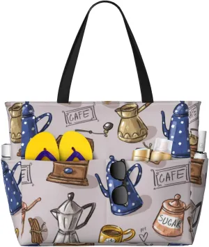 Large Beach Tote Bag for Women Extra Large Capacity Waterproof Sandproof Pool Bag Suitable for Swimming Pool Gym Groceries Travel - Antique Vintage Teapot Coffee Grinder