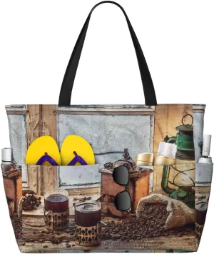 Large Beach Tote Bag for Women Extra Large Capacity Waterproof Sandproof Pool Bag Suitable for Swimming Pool Gym Groceries Travel - Oil Lamp Coffee Beans