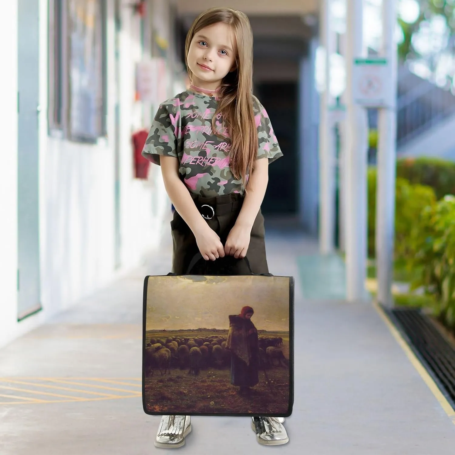 Large Binder Zipper Organizer 1.5 Inch Binders 3 Ring Heavy Duty Fran?ois Millet Shepherdess Print Storage Portfolio Folder with Handle School Binder Bag with Shoulder Strap