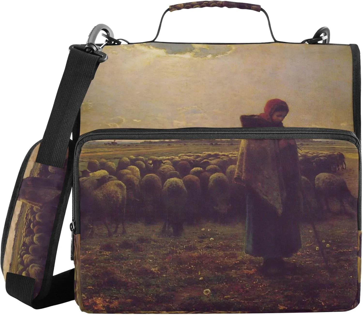 Large Binder Zipper Organizer 1.5 Inch Binders 3 Ring Heavy Duty Fran?ois Millet Shepherdess Print Storage Portfolio Folder with Handle School Binder Bag with Shoulder Strap
