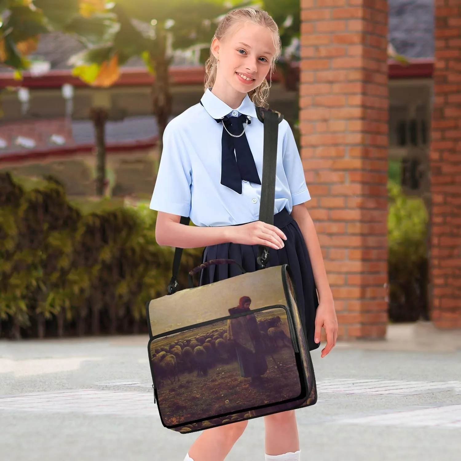 Large Binder Zipper Organizer 1.5 Inch Binders 3 Ring Heavy Duty Fran?ois Millet Shepherdess Print Storage Portfolio Folder with Handle School Binder Bag with Shoulder Strap