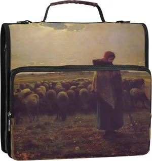 Large Binder Zipper Organizer 1.5 Inch Binders 3 Ring Heavy Duty Fran?ois Millet Shepherdess Print Storage Portfolio Folder with Handle School Binder Bag with Shoulder Strap