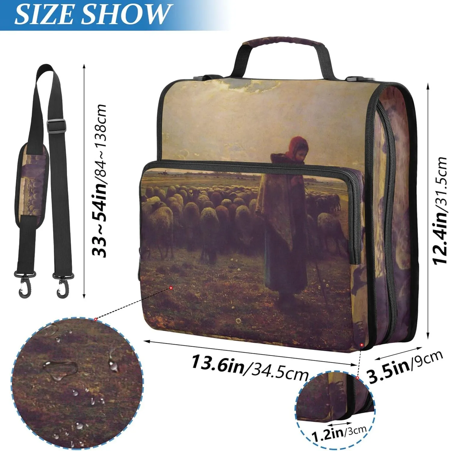 Large Binder Zipper Organizer 1.5 Inch Binders 3 Ring Heavy Duty Fran?ois Millet Shepherdess Print Storage Portfolio Folder with Handle School Binder Bag with Shoulder Strap