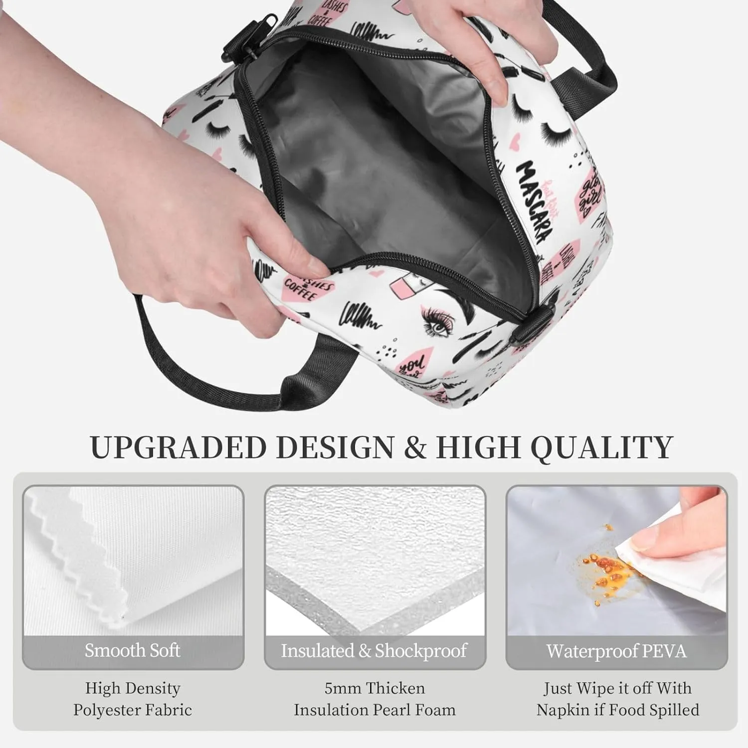 Lashes And Mascara, Brush Stroke, Coffee Cup Lunch Bag Hand Tote Crossbody Insulated Lunch Bag Large Portable Lunch Box