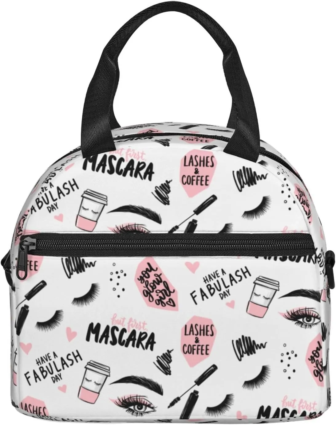 Lashes And Mascara, Brush Stroke, Coffee Cup Lunch Bag Hand Tote Crossbody Insulated Lunch Bag Large Portable Lunch Box