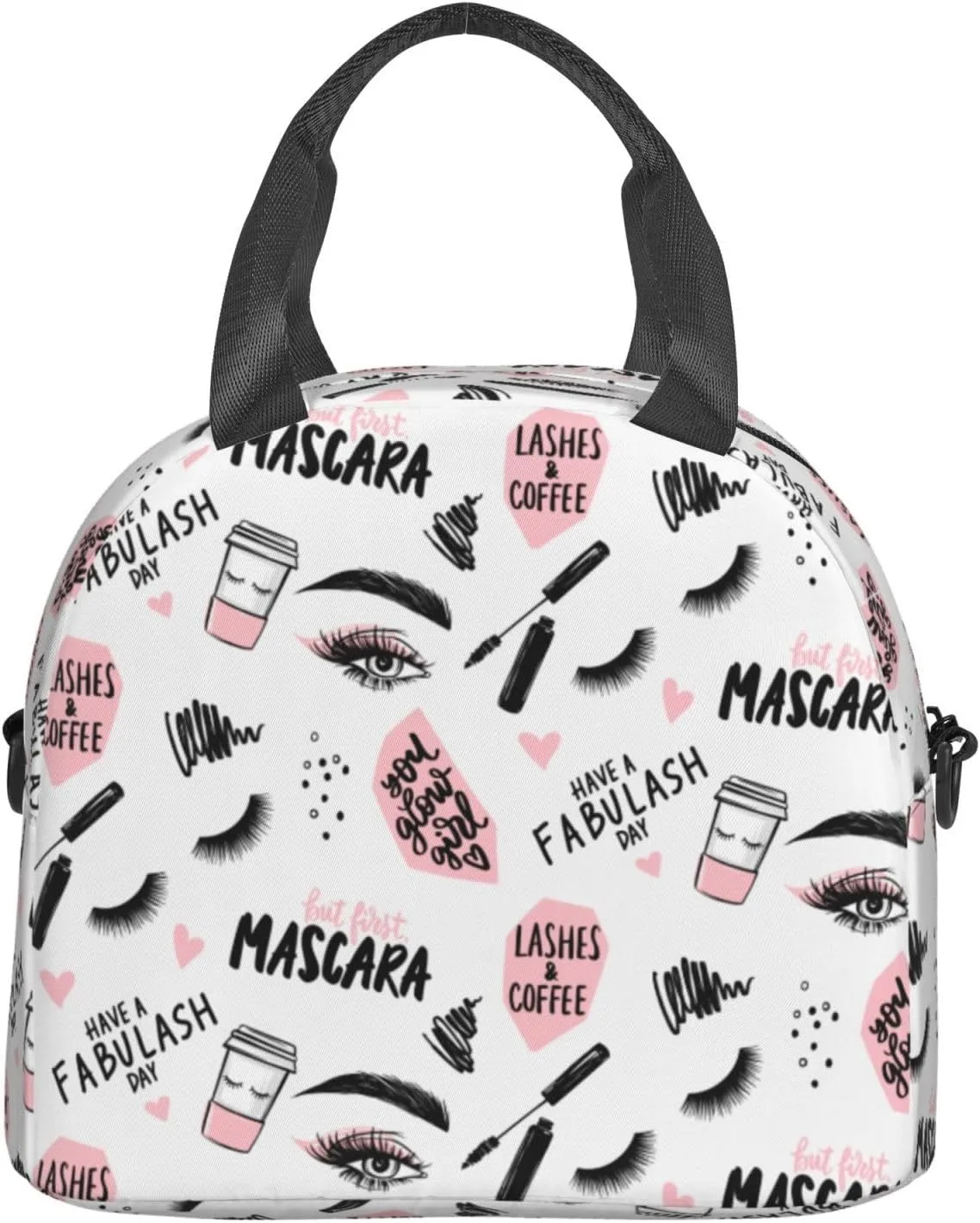 Lashes And Mascara, Brush Stroke, Coffee Cup Lunch Bag Hand Tote Crossbody Insulated Lunch Bag Large Portable Lunch Box