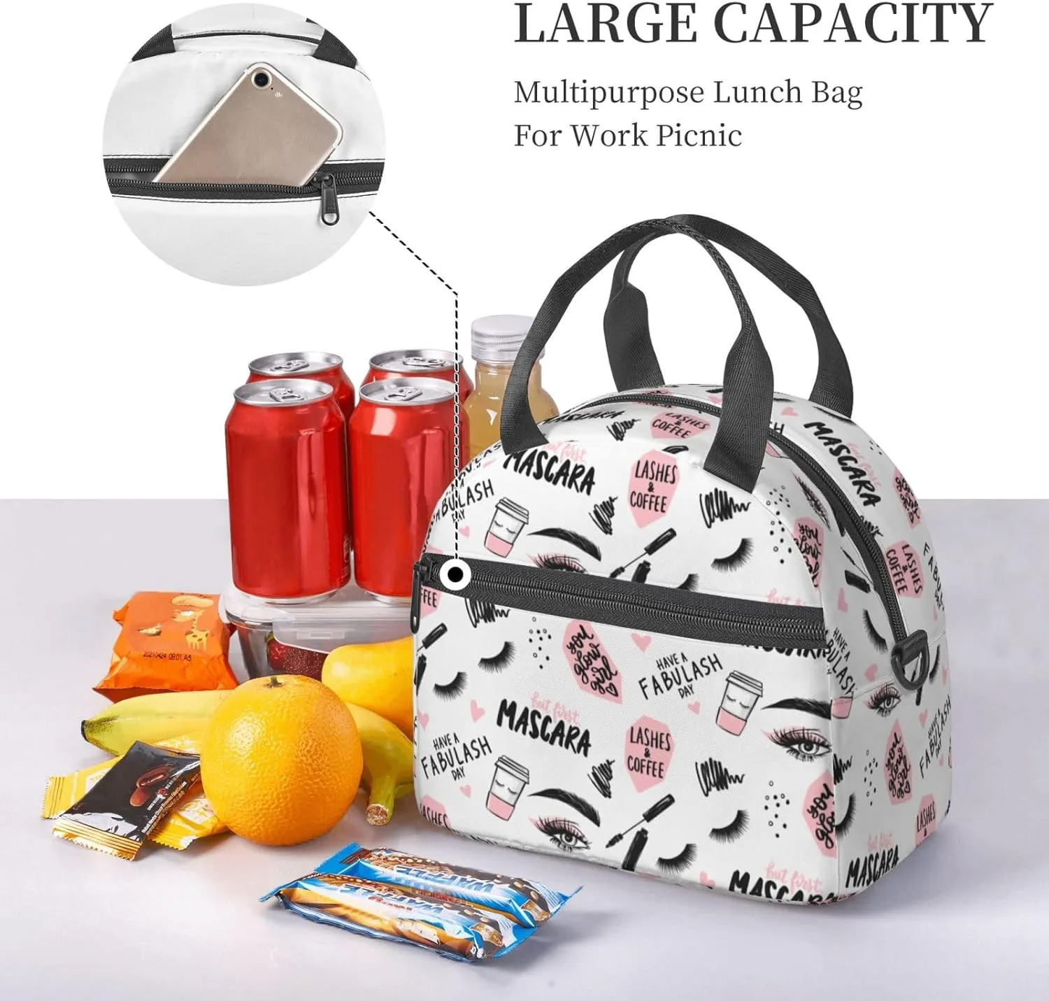 Lashes And Mascara, Brush Stroke, Coffee Cup Lunch Bag Hand Tote Crossbody Insulated Lunch Bag Large Portable Lunch Box