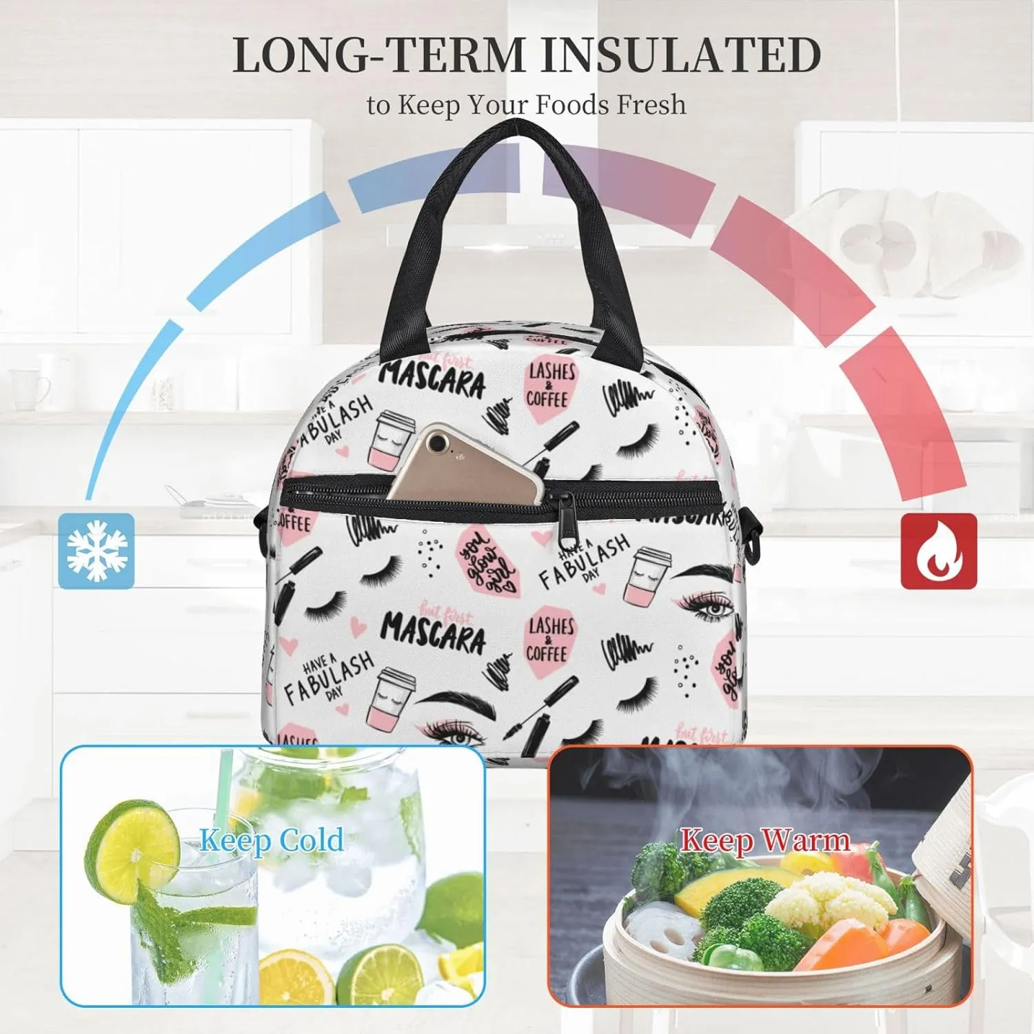 Lashes And Mascara, Brush Stroke, Coffee Cup Lunch Bag Hand Tote Crossbody Insulated Lunch Bag Large Portable Lunch Box