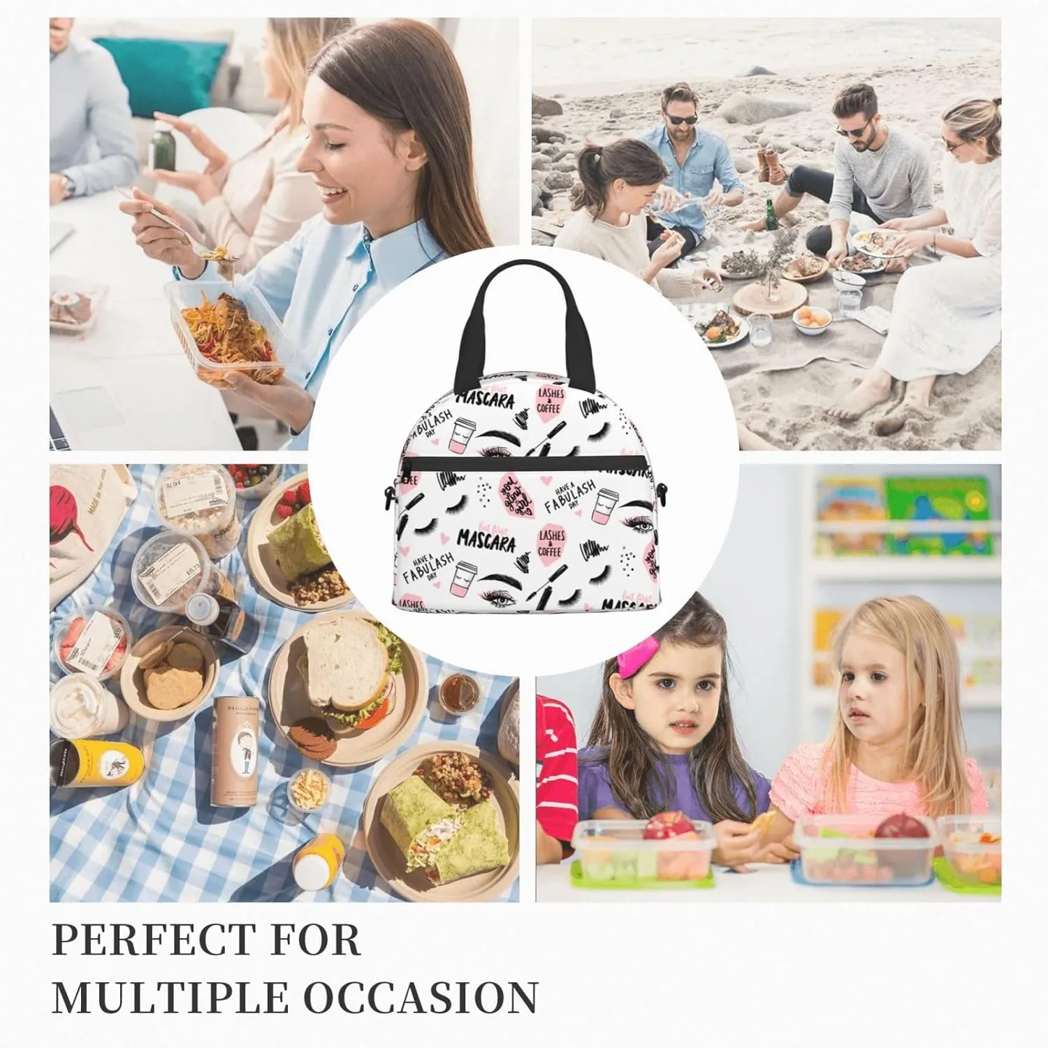 Lashes And Mascara, Brush Stroke, Coffee Cup Lunch Bag Hand Tote Crossbody Insulated Lunch Bag Large Portable Lunch Box
