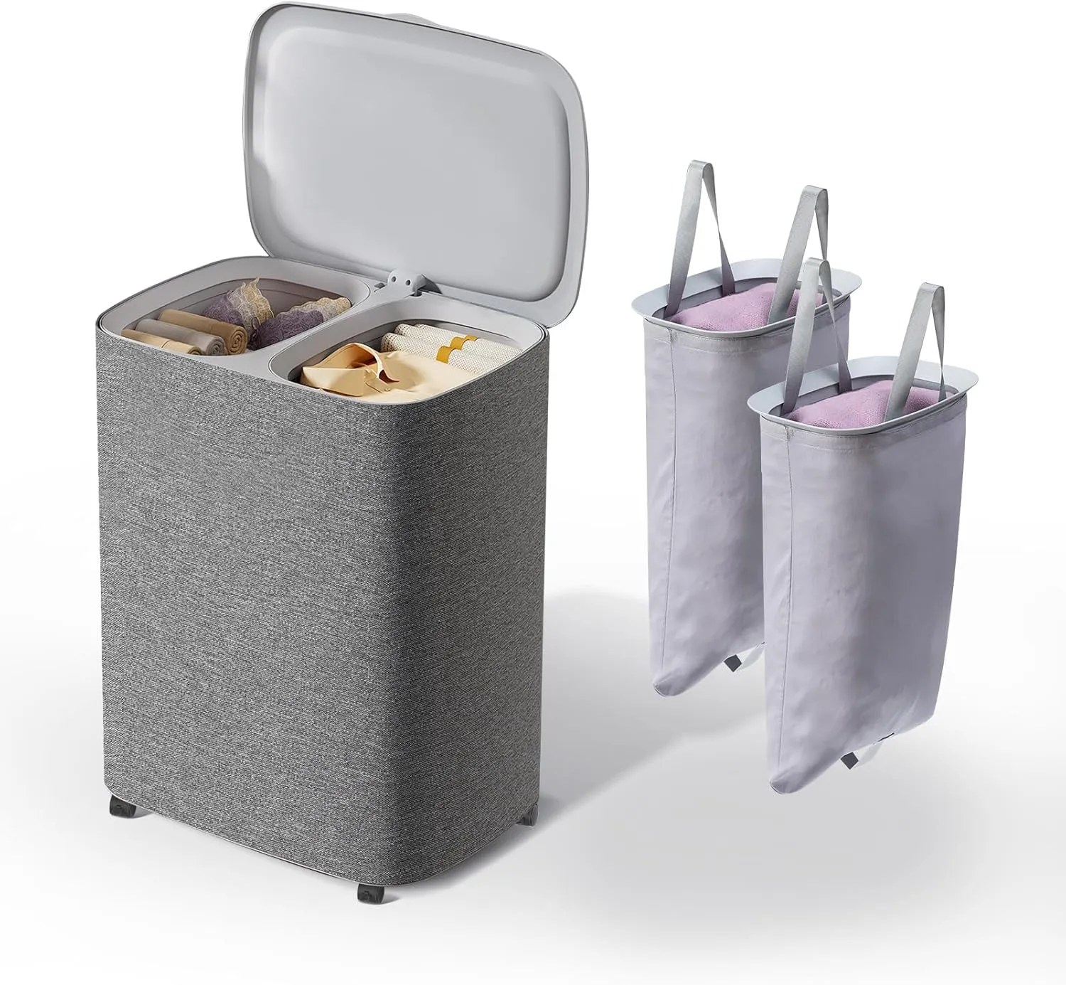 Laundry Baskets(GREY, 50L Laundry THEVryndlyx Laundry Hamper with Removable Bags: 2-Compartment Wheeled Basket for Parents & Housewives, Heavy-Duty Storage Organizer with Lid