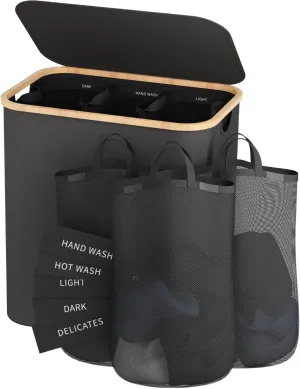 Laundry Hamper 3 Section, 150L Dirty Clothes Hamper with Lid, Extra Large Laundry Basket Organizer with Removable Inner Bags & Labels for Laundry Room, Bedroom, Dark Grey