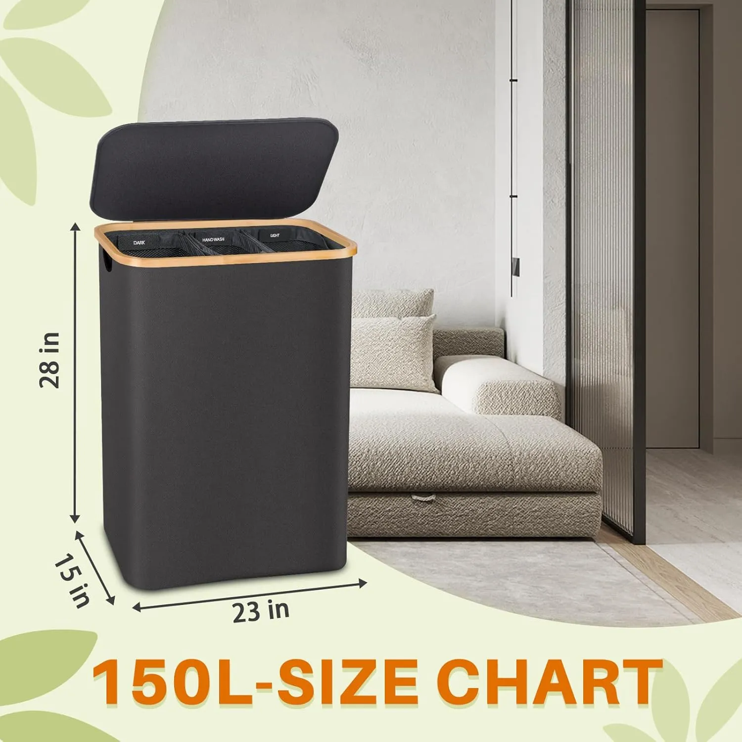 Laundry Hamper 3 Section, 150L Dirty Clothes Hamper with Lid, Extra Large Laundry Basket Organizer with Removable Inner Bags & Labels for Laundry Room, Bedroom, Dark Grey