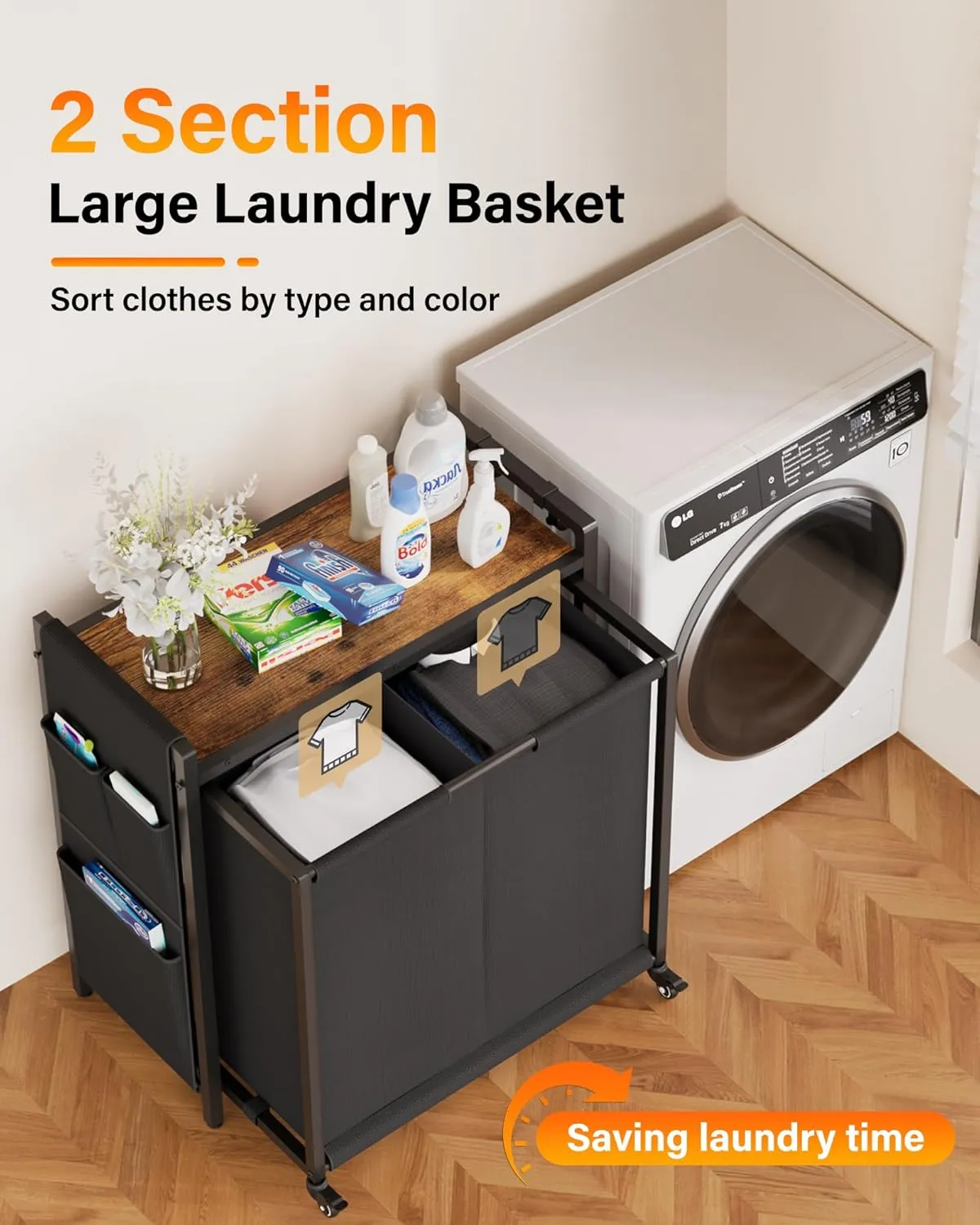Laundry Hamper Laundry Basket: Rolling Laundry Basket Organizer with Wheels - Laundry Hamper 2 Section with Shelf and Oxford Laundry Bags - Laundry Sorter for Laundry Room Bathroom Bedroom