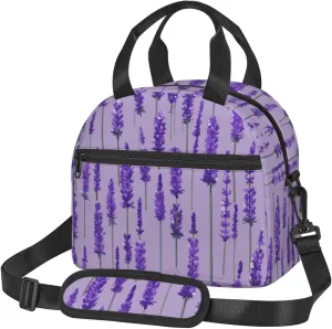 Lavender Stamp Print Lunch Bag For Women,Insulated Lunch Tote With Adjustable Shoulder Belt For Adult Travel Picnic