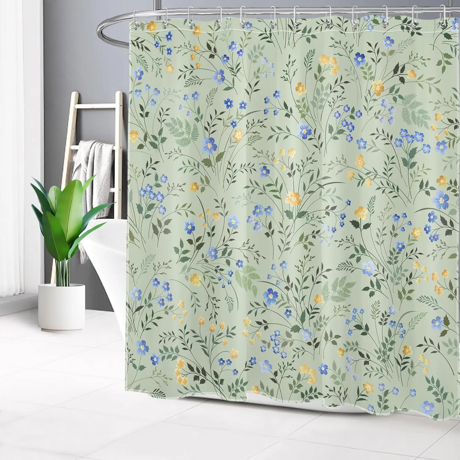 LB Nature Plant Floral Shower Curtain Decor, Yellow Blue Flower with Herb on Sage Green Shower Curtain for Bathroom 72" W x 72" L Polyester Fabric Bathroom Decoration Bath Curtains Hooks Included