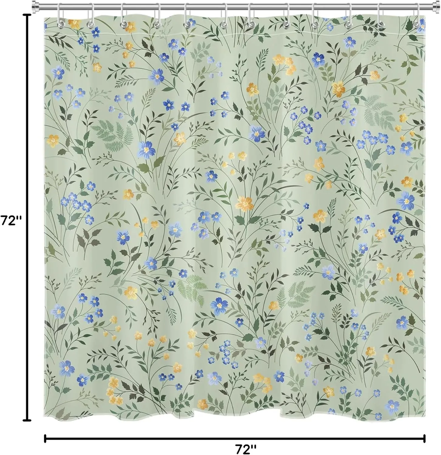 LB Nature Plant Floral Shower Curtain Decor, Yellow Blue Flower with Herb on Sage Green Shower Curtain for Bathroom 72" W x 72" L Polyester Fabric Bathroom Decoration Bath Curtains Hooks Included
