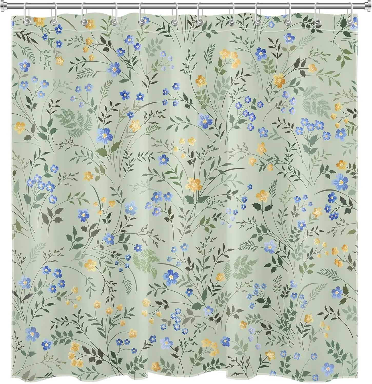 LB Nature Plant Floral Shower Curtain Decor, Yellow Blue Flower with Herb on Sage Green Shower Curtain for Bathroom 72" W x 72" L Polyester Fabric Bathroom Decoration Bath Curtains Hooks Included