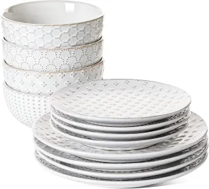 LE TAUCI Dinnerware Sets 12 PCS, Ceramic Plates and Bowls Set, Suit For Housewarming (10" Dinner Plate   8" Salad Dish   26 oz Cereal Bowl) x 4, Oven safe - Arctic White