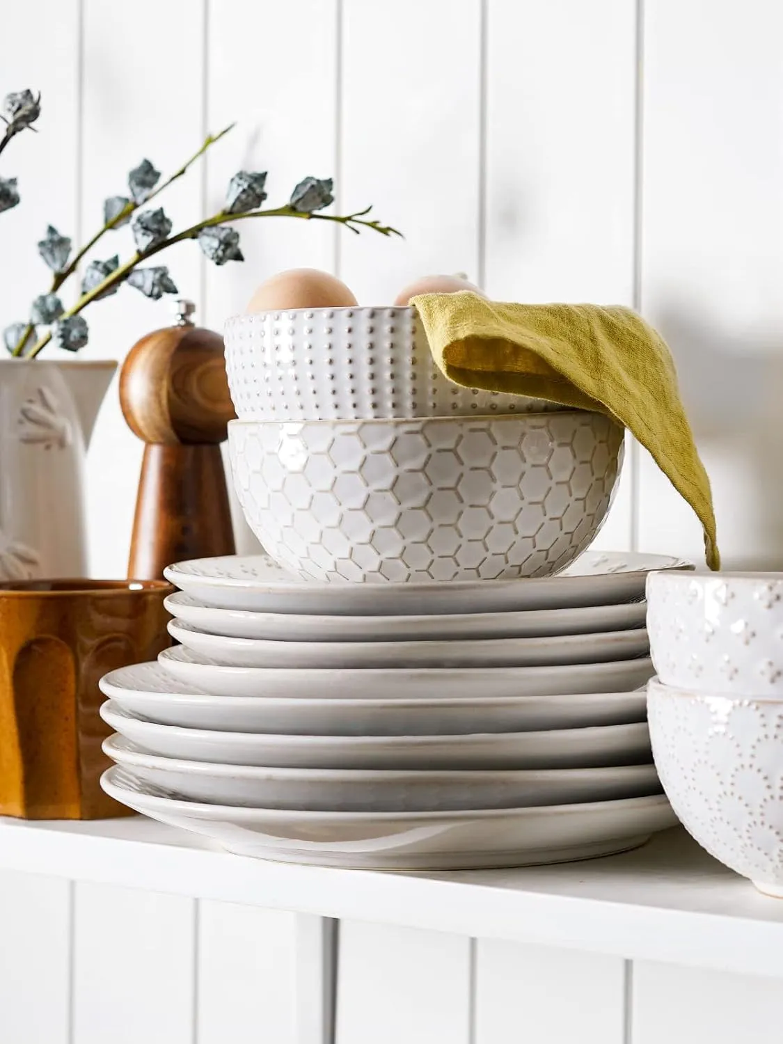 LE TAUCI Dinnerware Sets 12 PCS, Ceramic Plates and Bowls Set, Suit For Housewarming (10" Dinner Plate   8" Salad Dish   26 oz Cereal Bowl) x 4, Oven safe - Arctic White