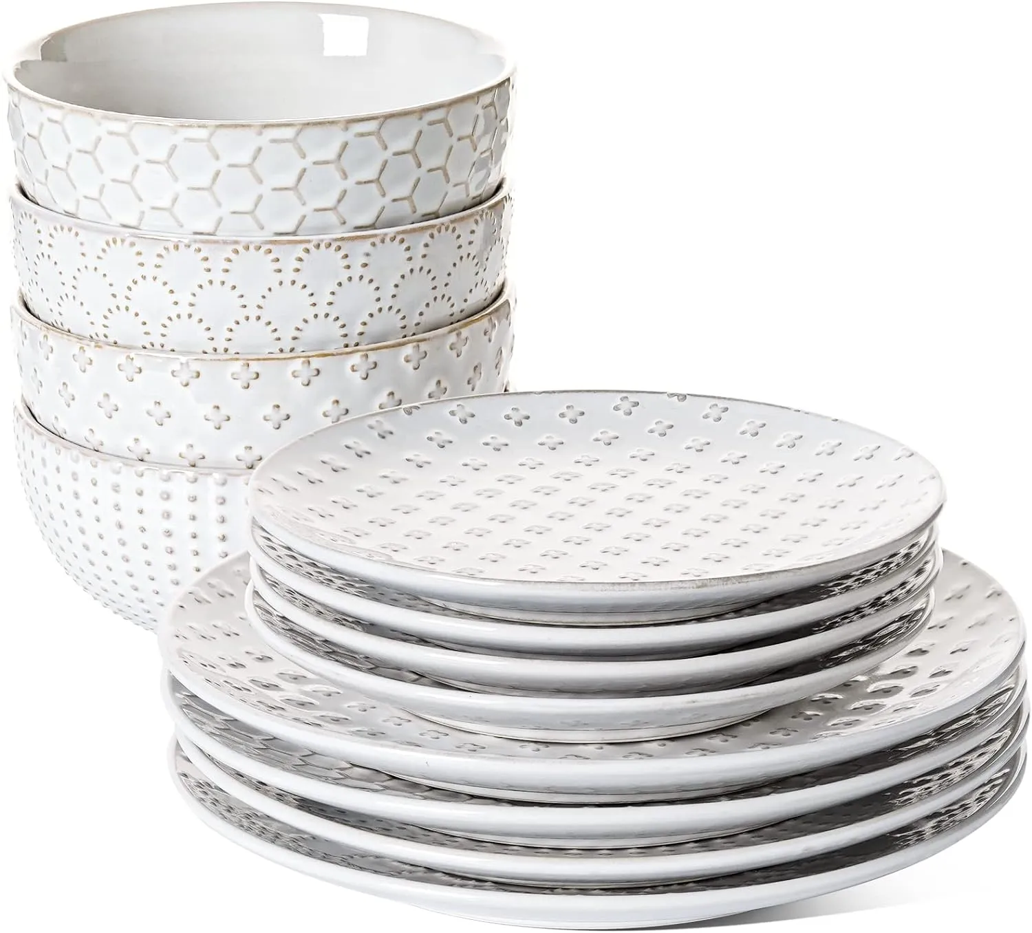 LE TAUCI Dinnerware Sets 12 PCS, Ceramic Plates and Bowls Set, Suit For Housewarming (10" Dinner Plate   8" Salad Dish   26 oz Cereal Bowl) x 4, Oven safe - Arctic White