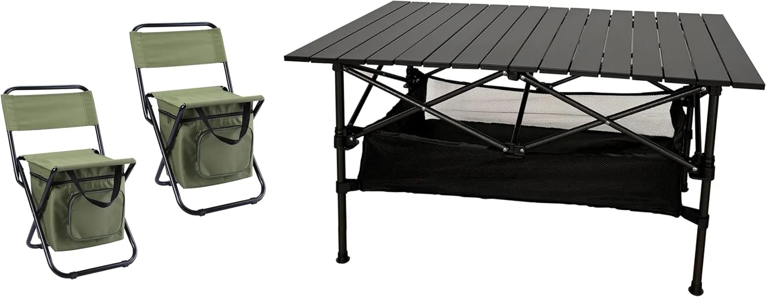 LEADALLWAY 2 Piece Fishing Chair with Cooler Bag   Low Folding Camping Table Fishing Table and Chair Set