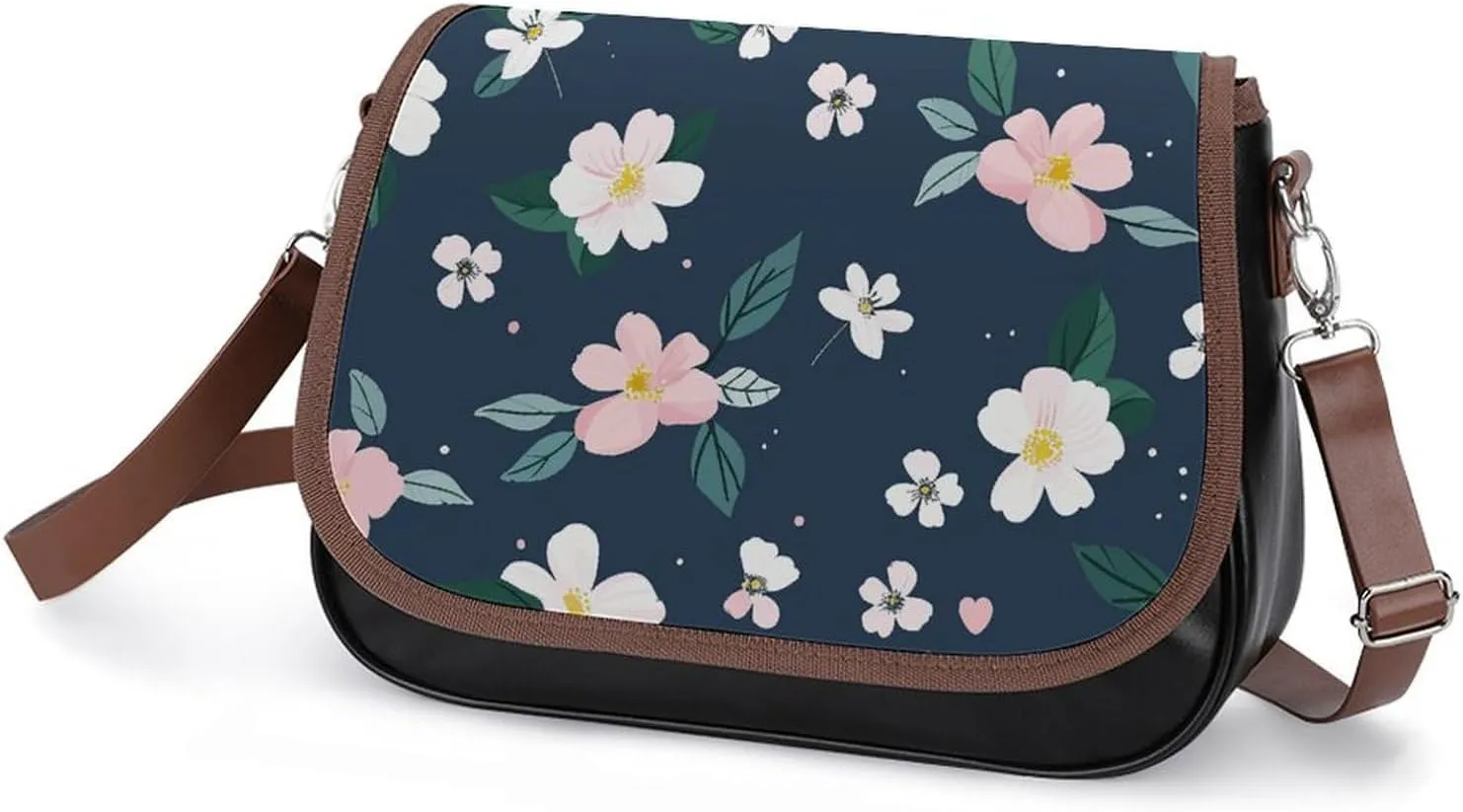 Leather Crossbody Bag for Women Navy Blue Flower Detachable Strap Handbags Travel Purse Shoulder Bag for Daily Use
