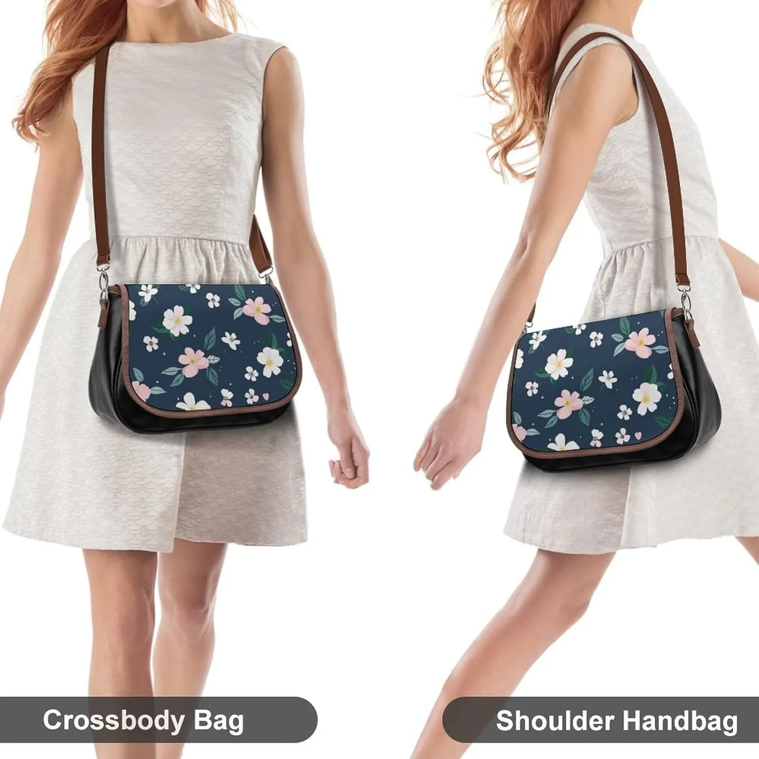 Leather Crossbody Bag for Women Navy Blue Flower Detachable Strap Handbags Travel Purse Shoulder Bag for Daily Use