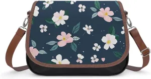 Leather Crossbody Bag for Women Navy Blue Flower Detachable Strap Handbags Travel Purse Shoulder Bag for Daily Use
