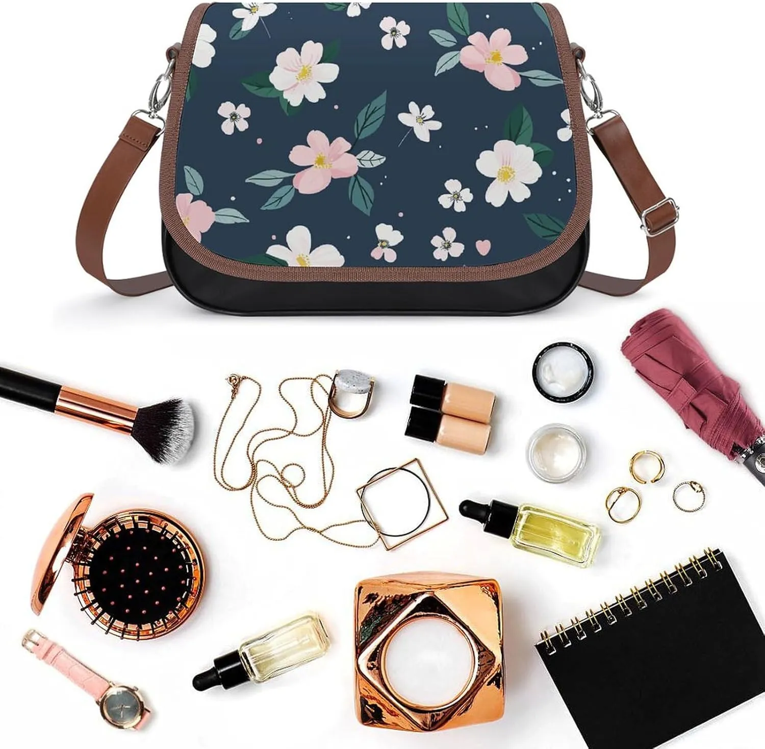 Leather Crossbody Bag for Women Navy Blue Flower Detachable Strap Handbags Travel Purse Shoulder Bag for Daily Use