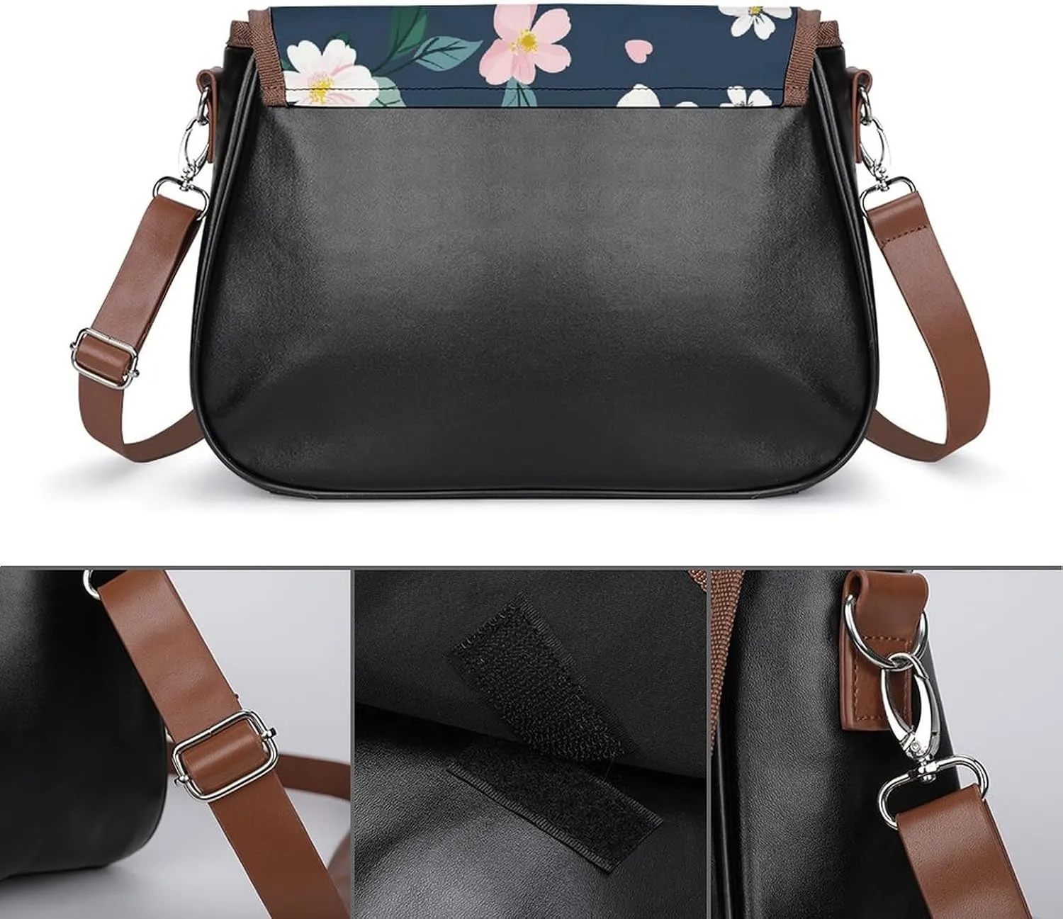 Leather Crossbody Bag for Women Navy Blue Flower Detachable Strap Handbags Travel Purse Shoulder Bag for Daily Use