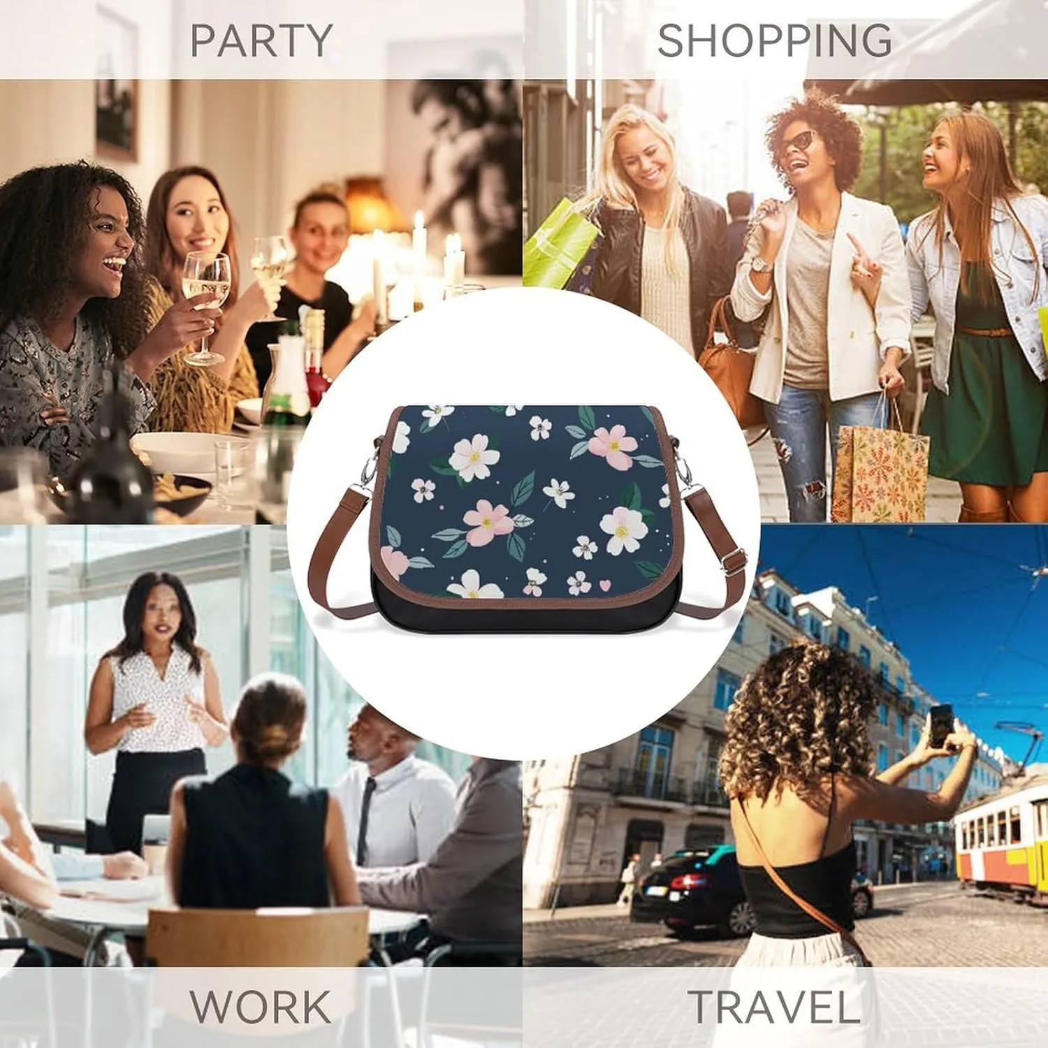 Leather Crossbody Bag for Women Navy Blue Flower Detachable Strap Handbags Travel Purse Shoulder Bag for Daily Use