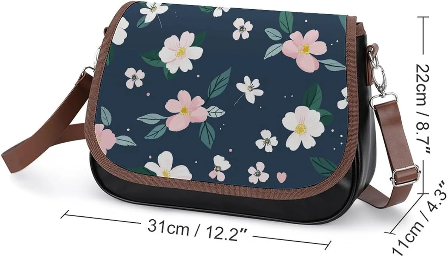 Leather Crossbody Bag for Women Navy Blue Flower Detachable Strap Handbags Travel Purse Shoulder Bag for Daily Use