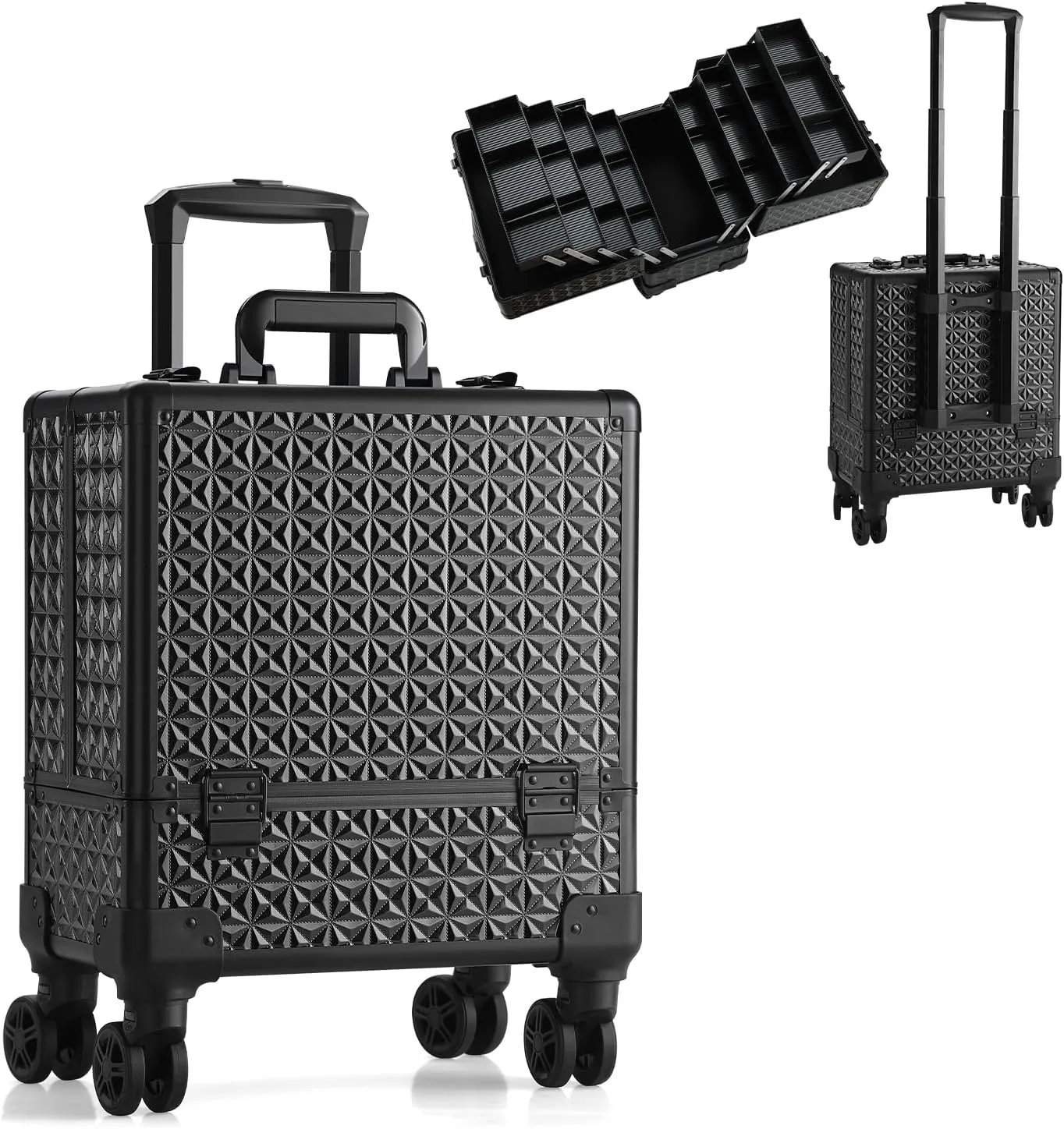 Leeora&Leekoo High-Capacity Multilayer Portable Nail Case for Nail Tech Organizer with Wheels - Lockable Makeup Case Organizer, Cosmetic Case, Makeup Train Case (Black-8045)