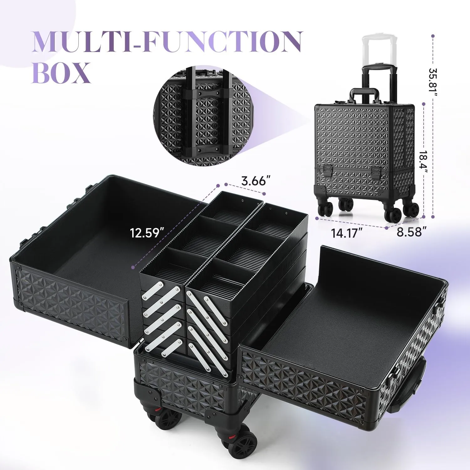 Leeora&Leekoo High-Capacity Multilayer Portable Nail Case for Nail Tech Organizer with Wheels - Lockable Makeup Case Organizer, Cosmetic Case, Makeup Train Case (Black-8045)