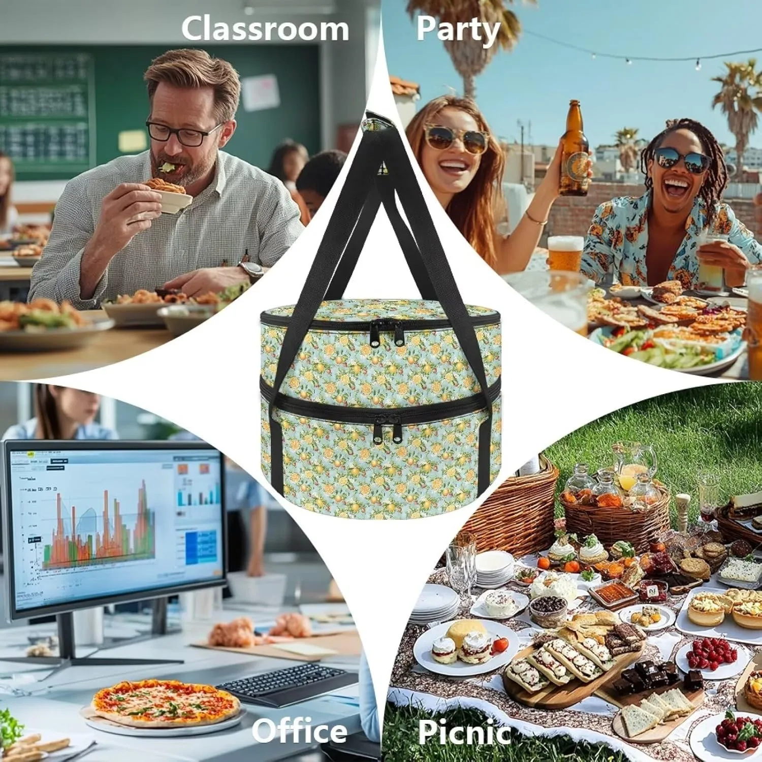 Lemon Print Casserole Dish Carrier Insulated Pie Carrier Lunch Bag Hot Bag for Food Delivery Casserole Cookware Keeping Food Warm for Party Panic