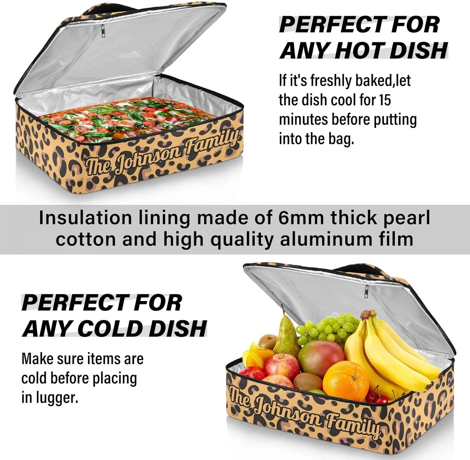 Leopard Custom Casserole Carrier Bag for Hot or Cold Food Personalized Insulated Food Dish Bag Tote for Beach Camping