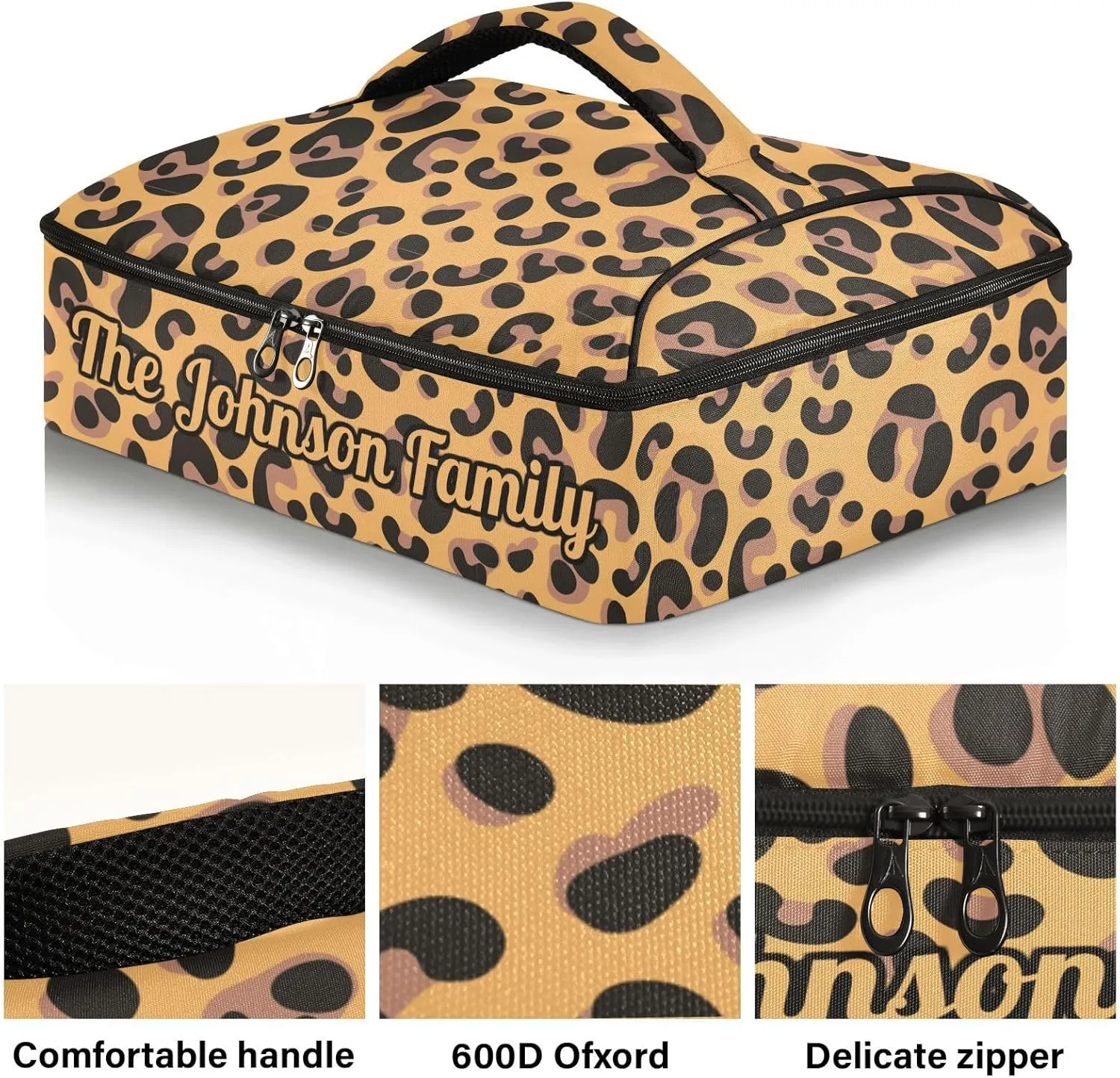 Leopard Custom Casserole Carrier Bag for Hot or Cold Food Personalized Insulated Food Dish Bag Tote for Beach Camping