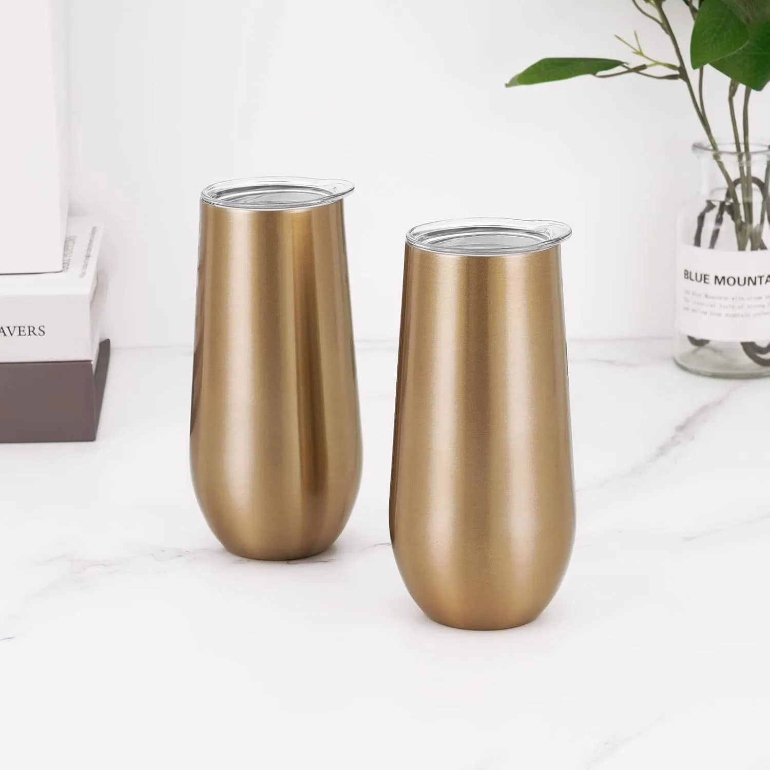 Lifecapido 2 Pack Stemless Champagne Tumblers, 12oz Insulated Champagne Flutes with Lid, Insulated Champagne Glass, Champagne Flute Tumbler, Great Gift for Birthday Party Wedding Christmas (Gold)…