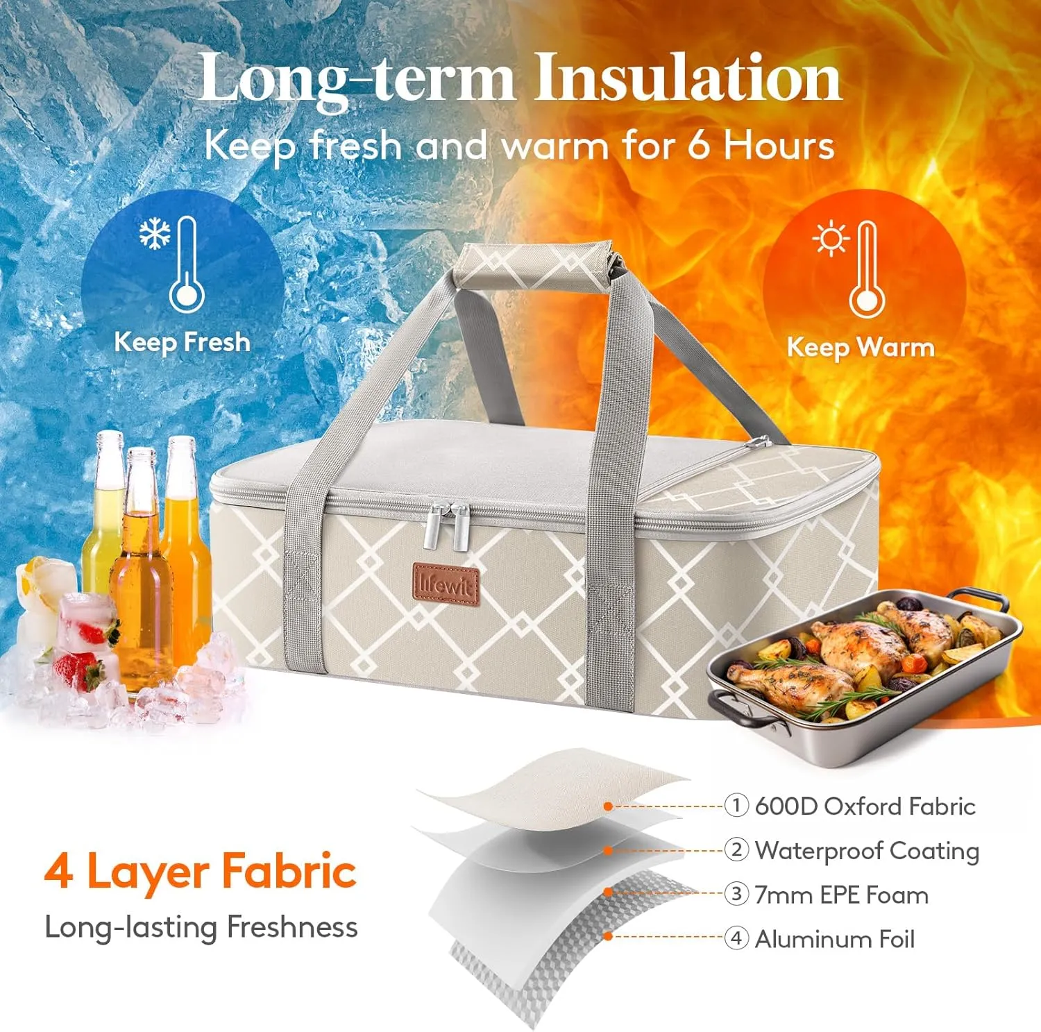 Lifewit Insulated Casserole Carrier for Hot or Cold Food, Casserole Dish Bag Carrying Case, Lasagna Lugger Holder for Potluck/Parties/Picnic/Cookouts, Fits 9"x13" Baking Dish, Grey