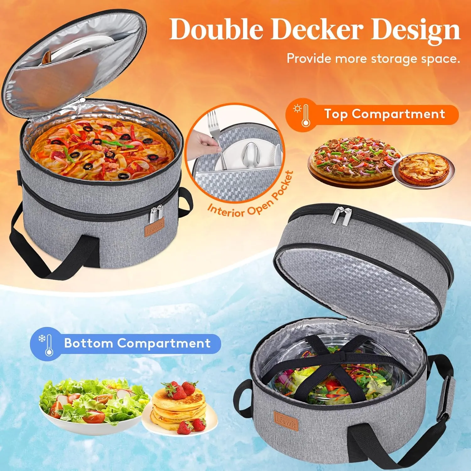 Lifewit Round Double Decker Insulated Casserole Carrier for Hot and Cold Food, Pie Carrier Bag, Cake Carrier Casserole Dish Carrying Case for Potluck Parties Picnic, Fits 12.5" Baking Dish, Gray