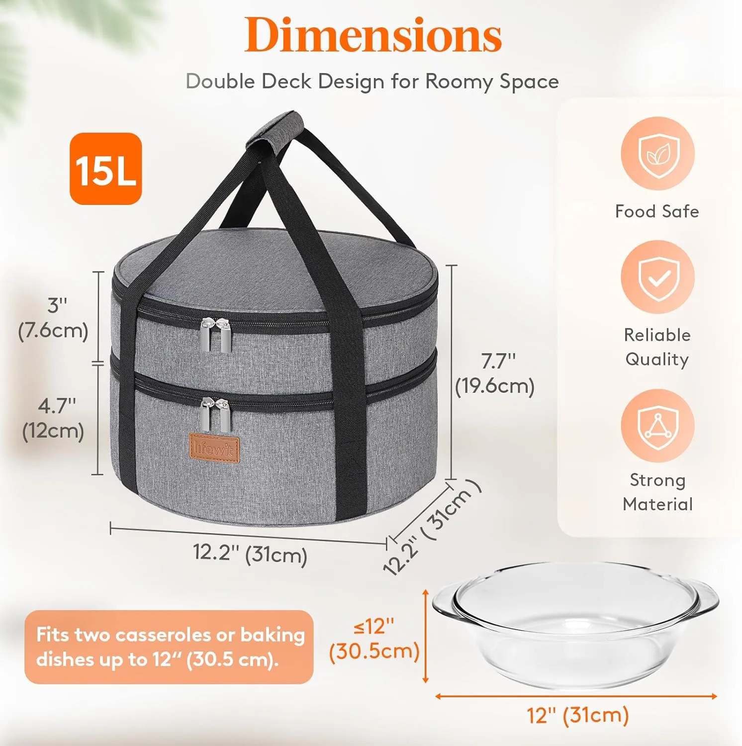Lifewit Round Double Decker Insulated Casserole Carrier for Hot and Cold Food, Pie Carrier Bag, Cake Carrier Casserole Dish Carrying Case for Potluck Parties Picnic, Fits 12.5" Baking Dish, Gray