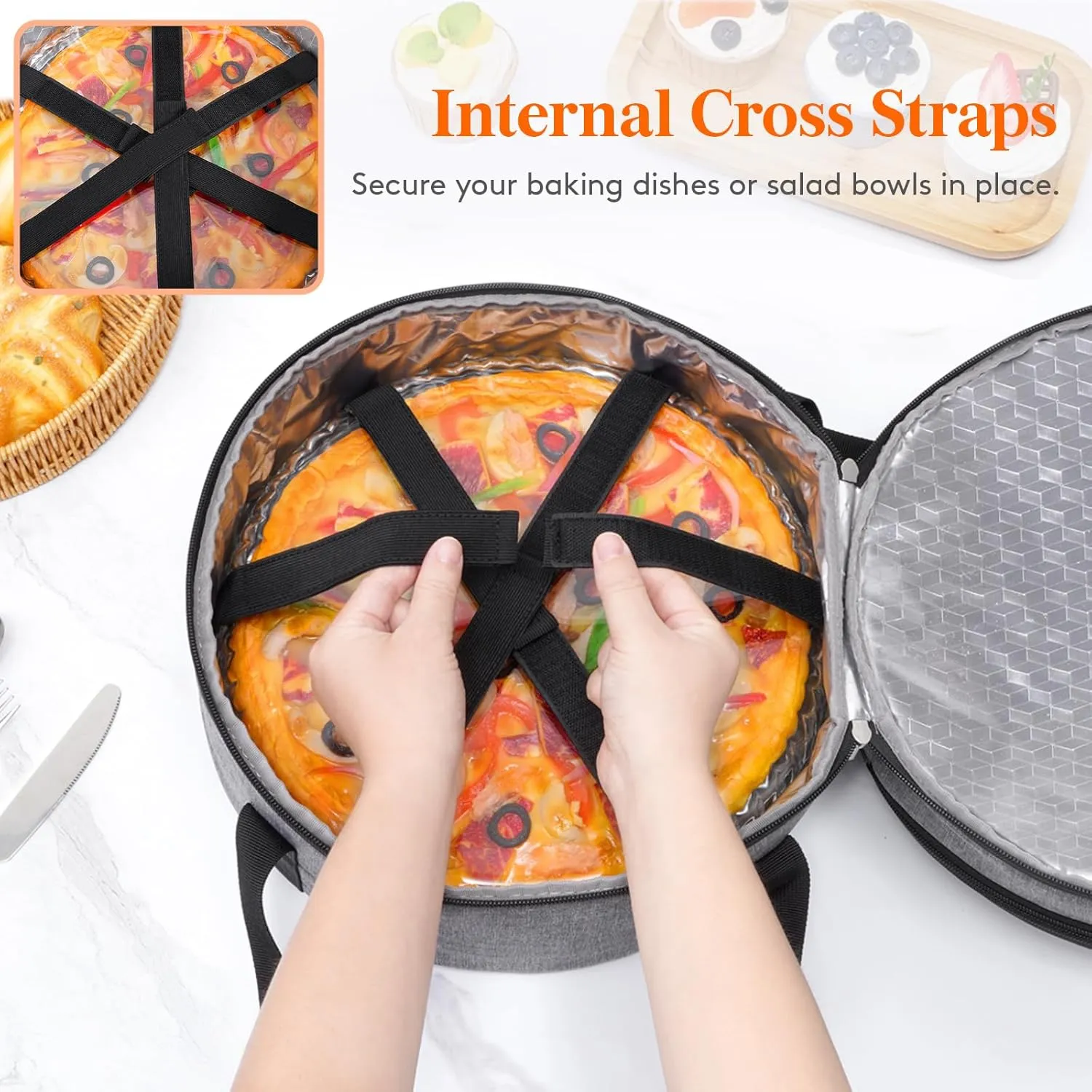Lifewit Round Double Decker Insulated Casserole Carrier for Hot and Cold Food, Pie Carrier Bag, Cake Carrier Casserole Dish Carrying Case for Potluck Parties Picnic, Fits 12.5" Baking Dish, Gray
