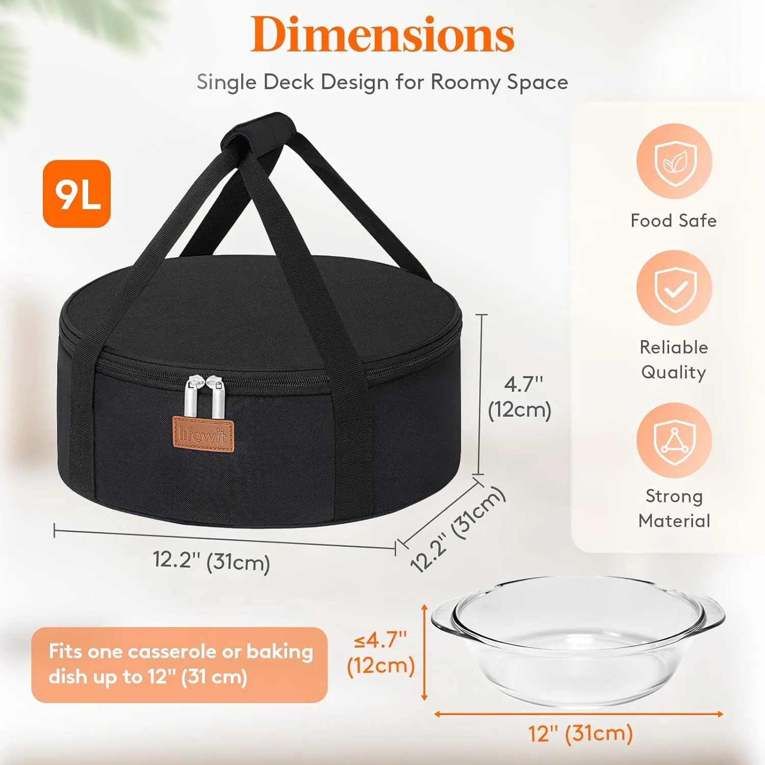 Lifewit Round Insulated Casserole Carrier for Hot and Cold Food, Pie Carrier Bag, Cake Carrier Casserole Dish Carrying Case for Potluck Parties Picnic, Fits 12.5" Baking Dish, Black