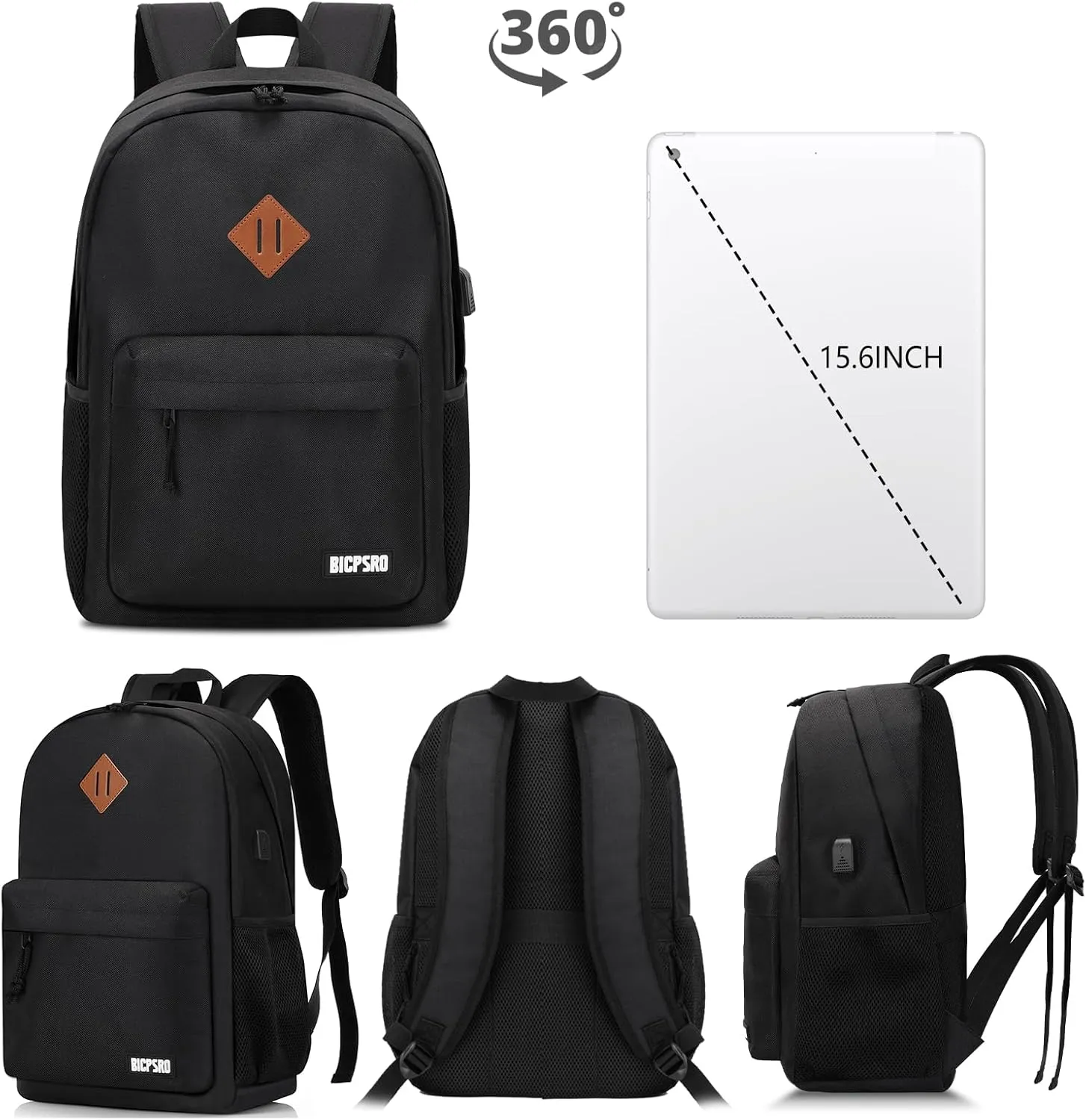 Lightweight Black Backpack for Men Women, School Backpack for Boys Girls Teens, 15.6 Inch Laptop Daily Use back pack with USB Charger, College High School Bookbag for Student Notebook Bag,Daypack Gift