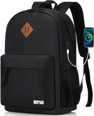 Lightweight Black Backpack for Men Women, School Backpack for Boys Girls Teens, 15.6 Inch Laptop Daily Use back pack with USB Charger, College High School Bookbag for Student Notebook Bag,Daypack Gift