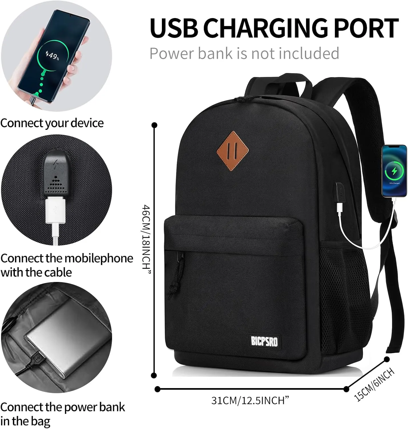 Lightweight Black Backpack for Men Women, School Backpack for Boys Girls Teens, 15.6 Inch Laptop Daily Use back pack with USB Charger, College High School Bookbag for Student Notebook Bag,Daypack Gift
